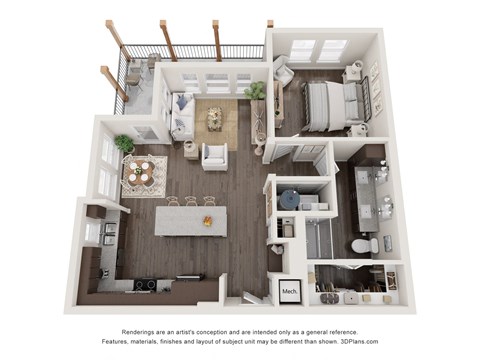 Floor plan for 1 bed, 1 bath, 810 sqft